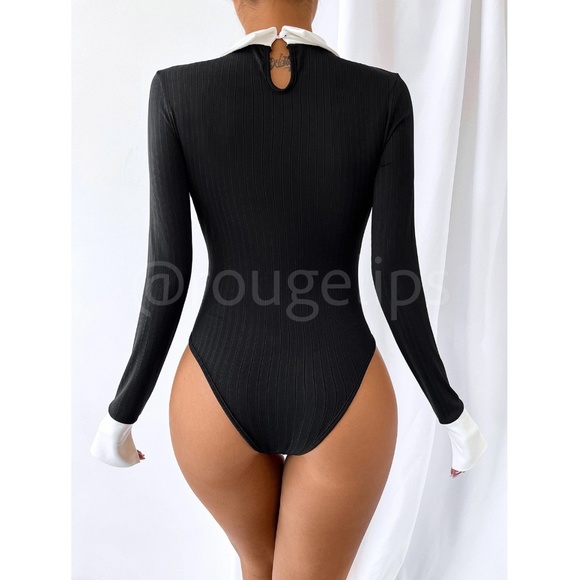 Black Bodysuit White Collar and Cuffs Ribbed Long Sleeve - Picture 3 of 10